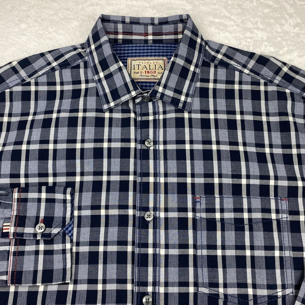 Vintage Italia c. 1958 Shirt Men's L Blue White Checks Dress Shirts Flip Cuffs
